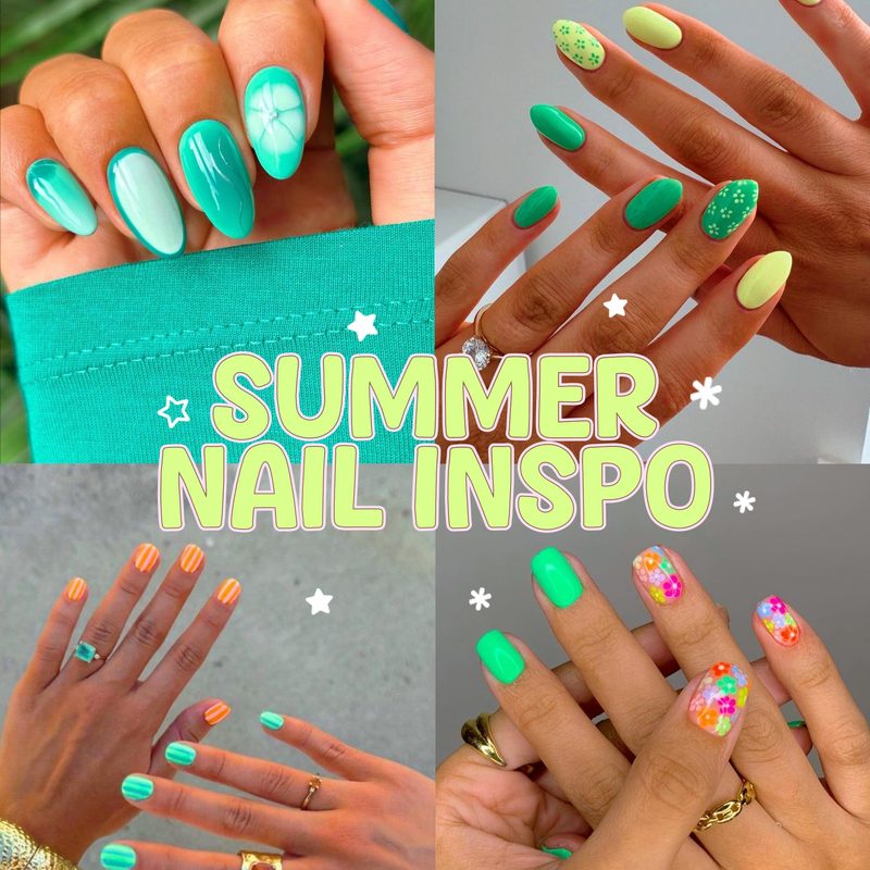 bright summer nail art featuring tropical floral and geometric patterns