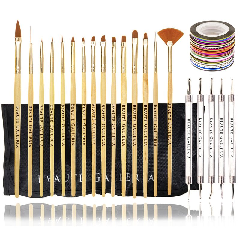 close-up of a high quality nail art brush set showing different brush types