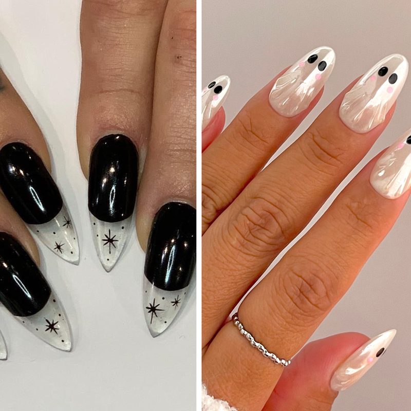 Close-up of art deco nail design featuring gold metallics and geometric shapes