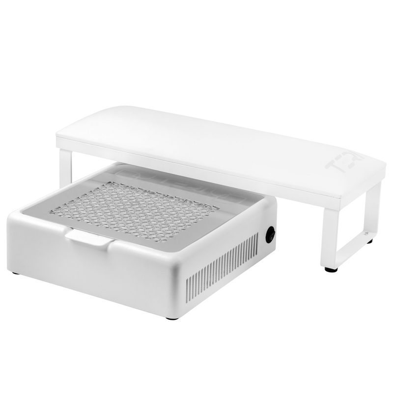 Nail dust collector setup next to nail art tools to reduce manicure dust