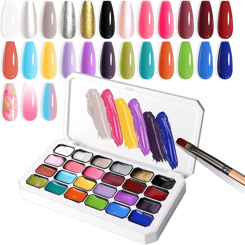 A nail art gel palette with vibrant colors and manicure tools arranged neatly