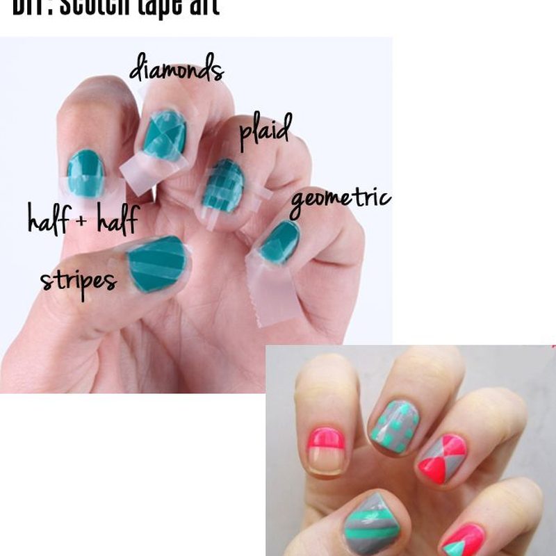 a step-by-step tutorial showing scotch tape nail art application