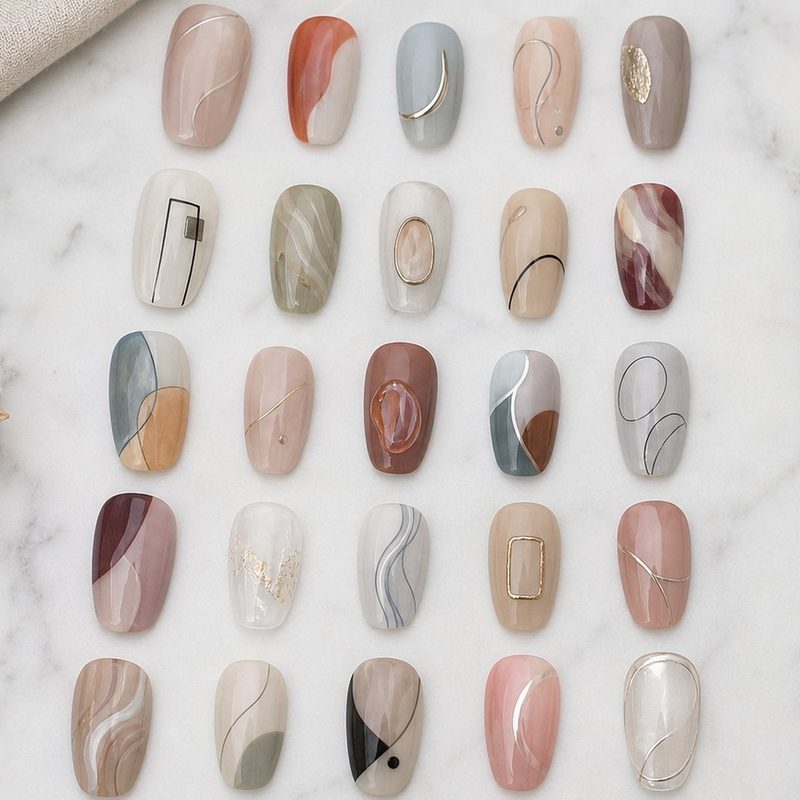Abstract nail art featuring bold blocks of color created with a flat brush