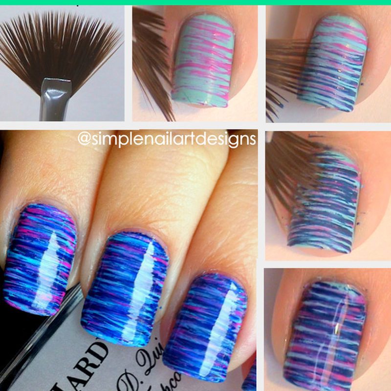Applying nail polish with fan brush in step-by-step process