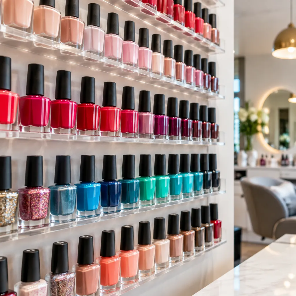 Variety of nail polish colors displayed in a nail salon