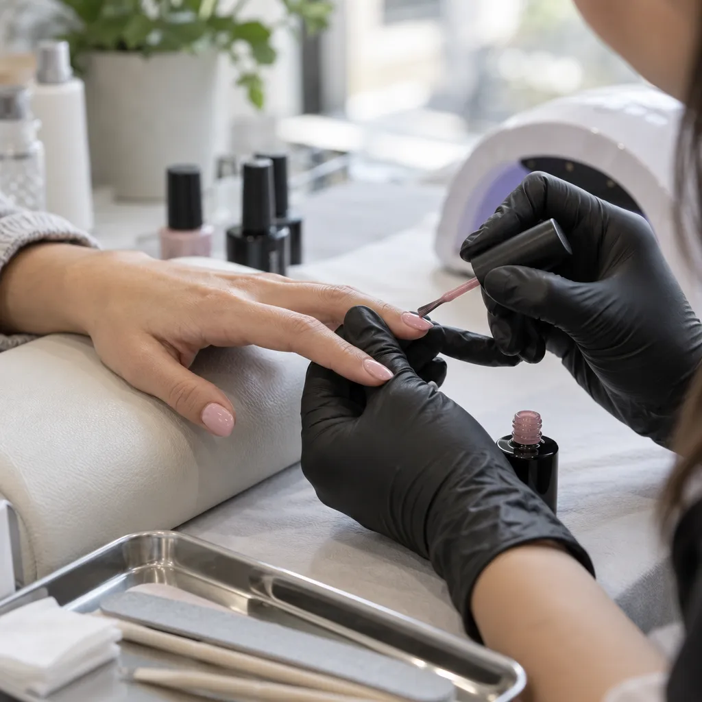 Nail technician applying gel polish to client's nails