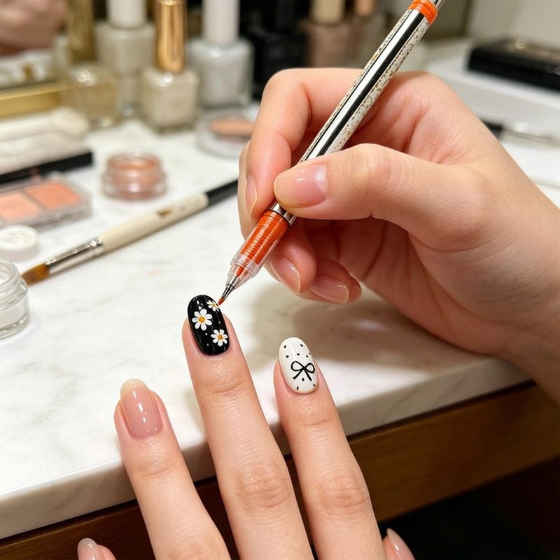 close-up of a hand using a nail art pen for precise nail designs