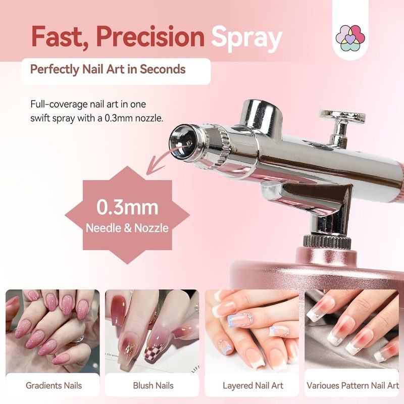 close-up of a nail art airbrush kit showing compressor and nozzle