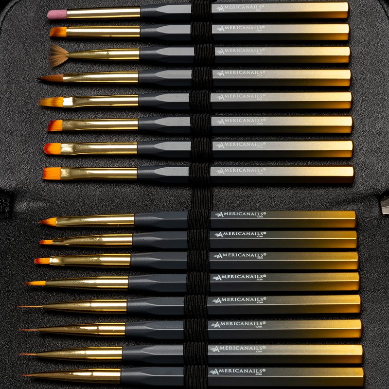 close-up of a professional nail art brushes set with fine detail brushes