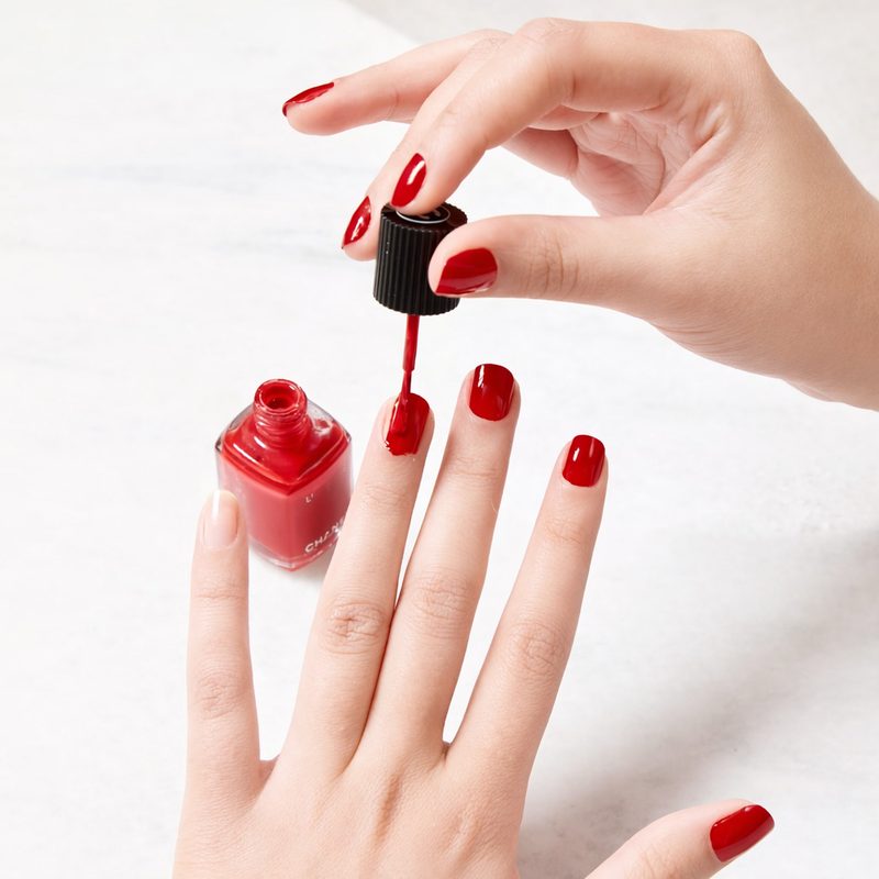 close-up of hand applying solid color nail polish at home
