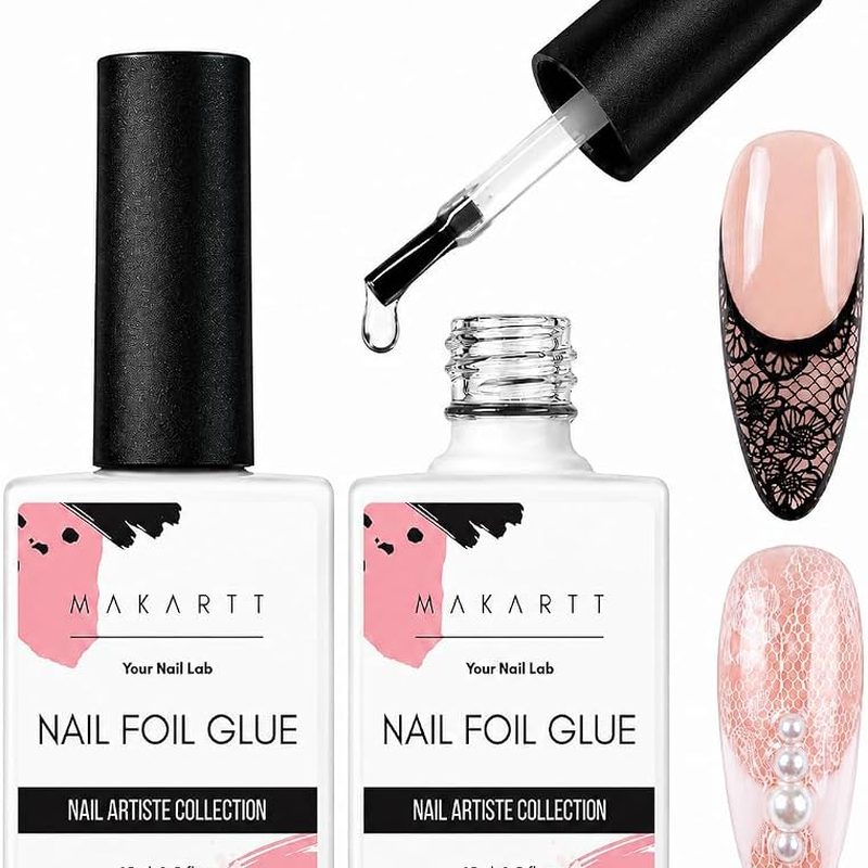 Close-up of nail art foil glue bottle beside colorful foil sheets for foil nail designs