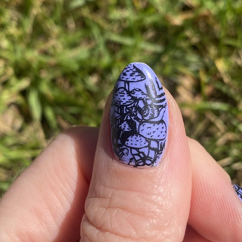 close up of nail art stamping plate and stamper showing design transfer