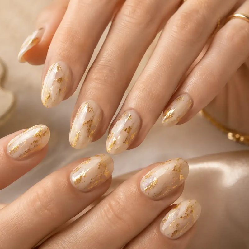 close-up of nail foil nail art showing metallic foil design