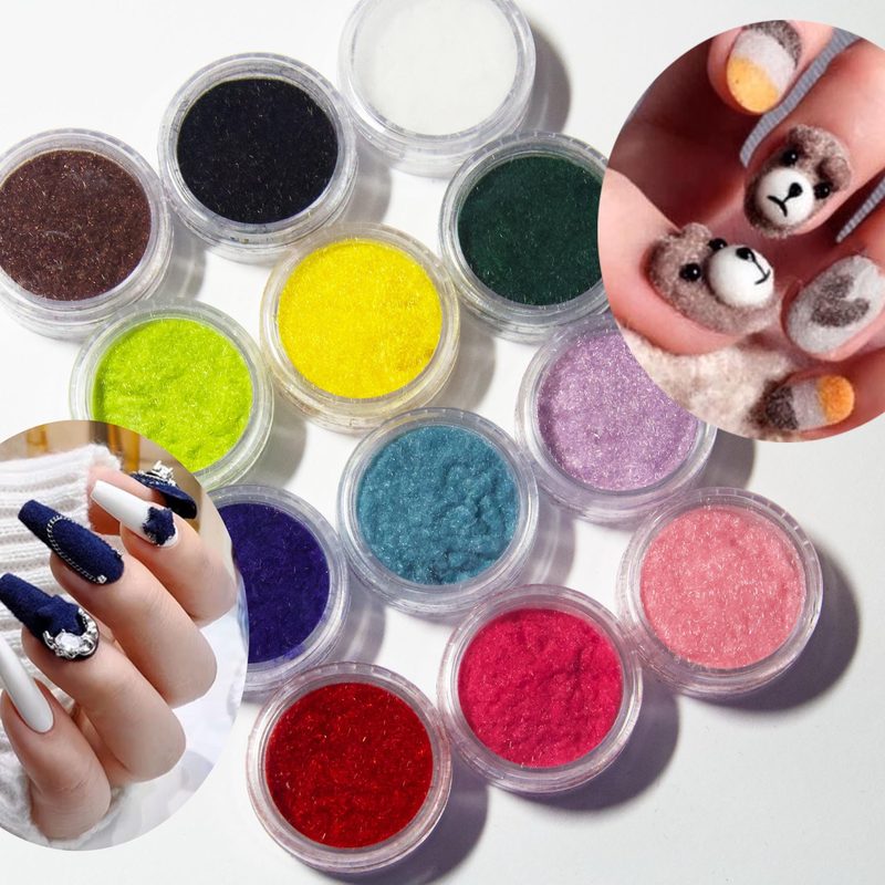 close-up of nails featuring manicure textures with nail art flocking powder