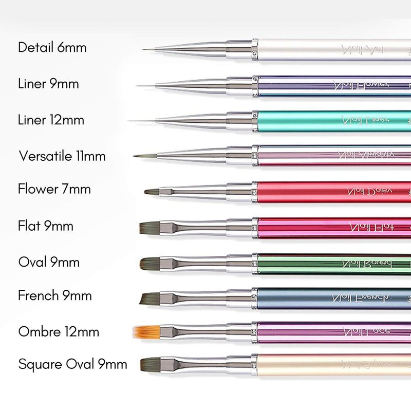 Collection of flat nail art brushes in various sizes for different techniques