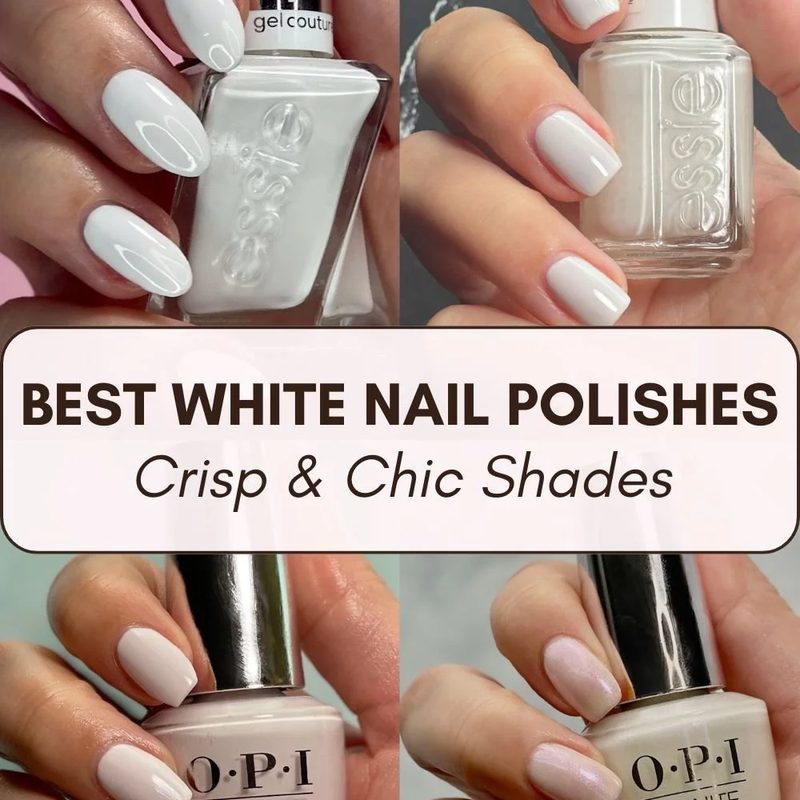 collection of white nail art polish bottles with various manicure designs