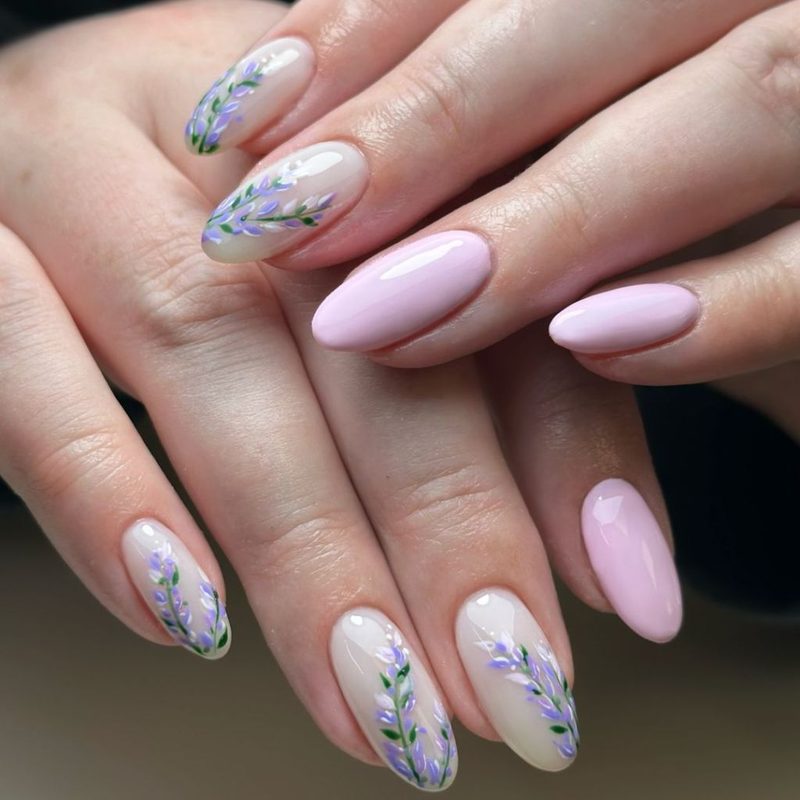 delicate floral thin brush nail art on natural nails
