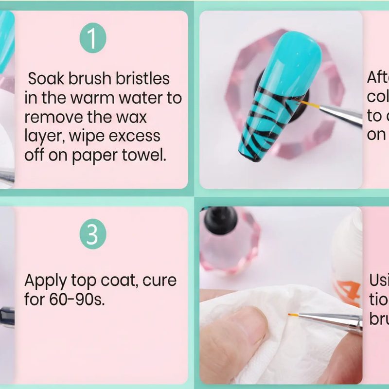 demonstration of basic nail art brush techniques on practice nails