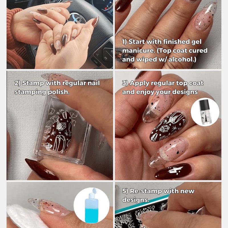 demonstration of nail stamping technique showing polish applied to plate and stamper