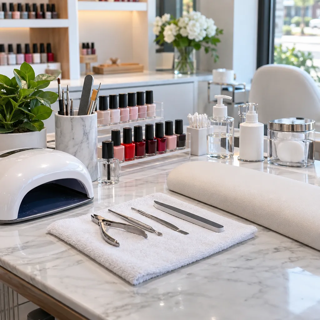 Clean and organized nail care station with high-quality tools and products