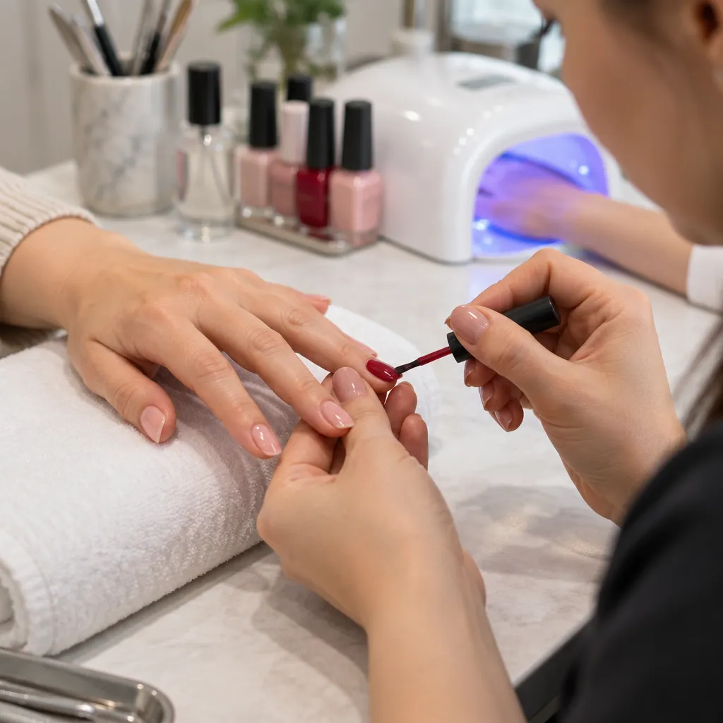 Technician applying gel polish under a UV lamp at a modern nail salon.