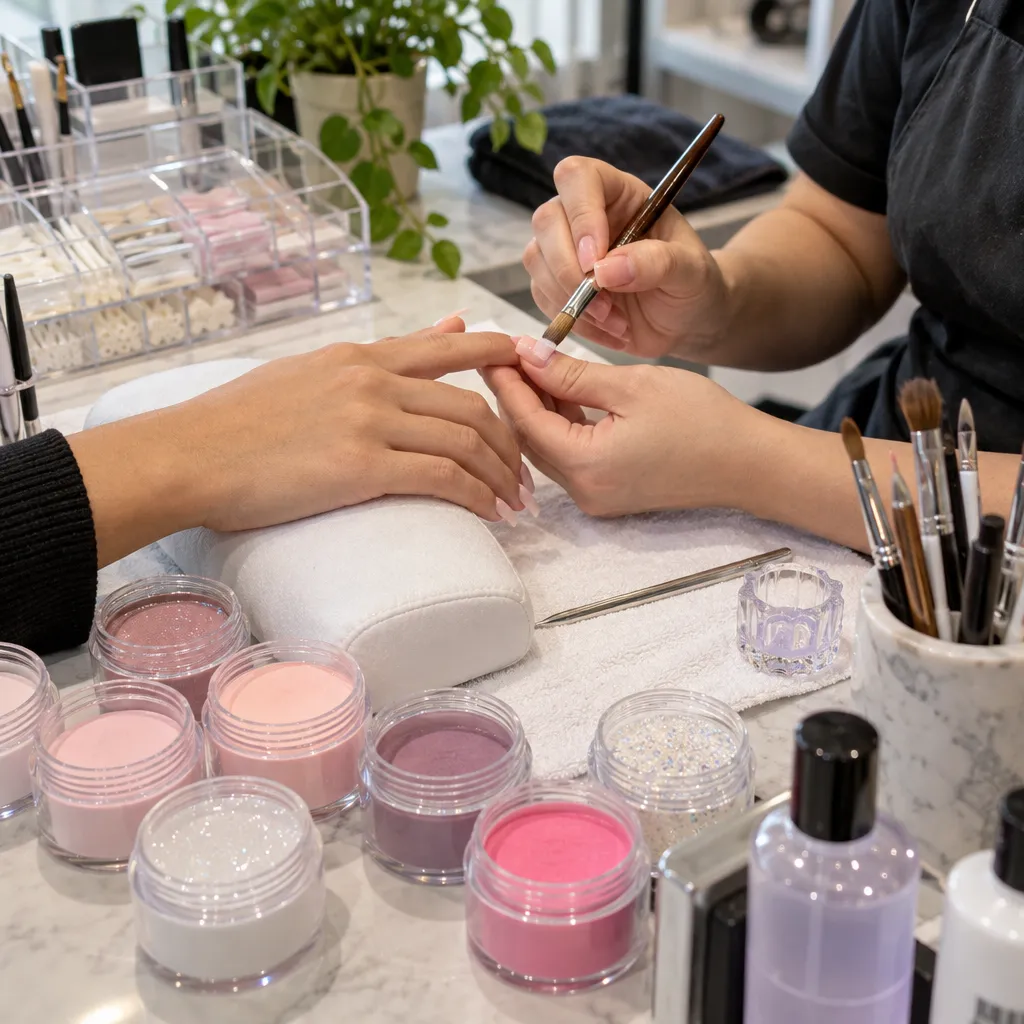 Acrylic nail application setup with powders and tools at a nail salon.