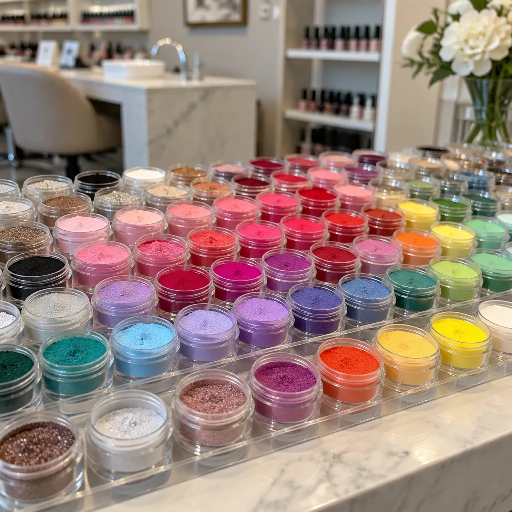 Colorful selection of dip powders for customer choice at a nail salon.