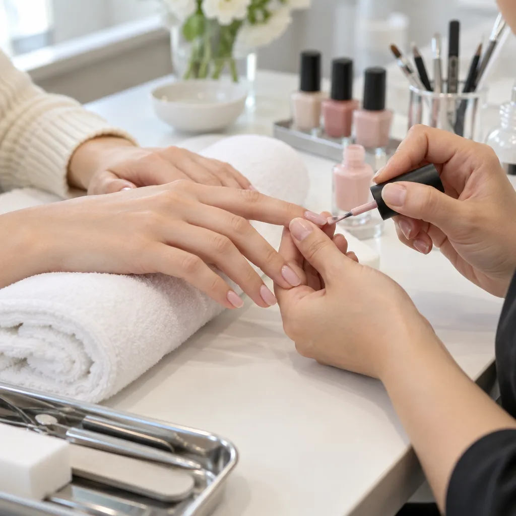 Client receiving a classic manicure, highlighting nail shaping and polish application.