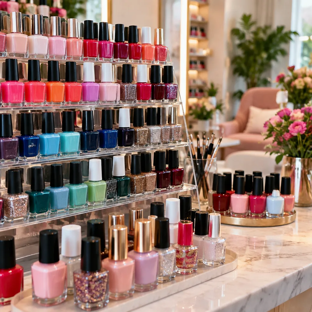 Various nail polish colors displayed at nail salon 78253, inviting clients to choose their favorite shade.