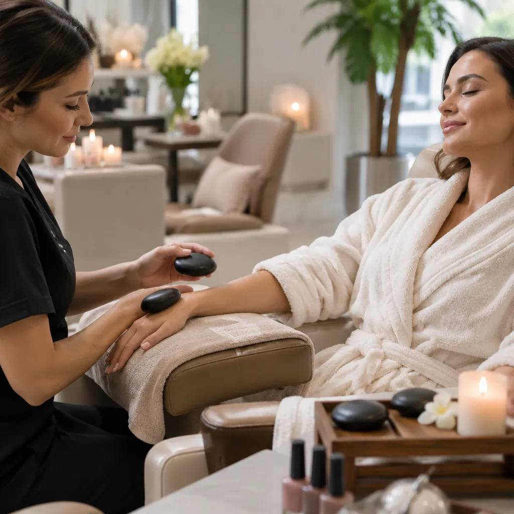 Client relaxing with a hot stone massage during a manicure at nail salon 78253.