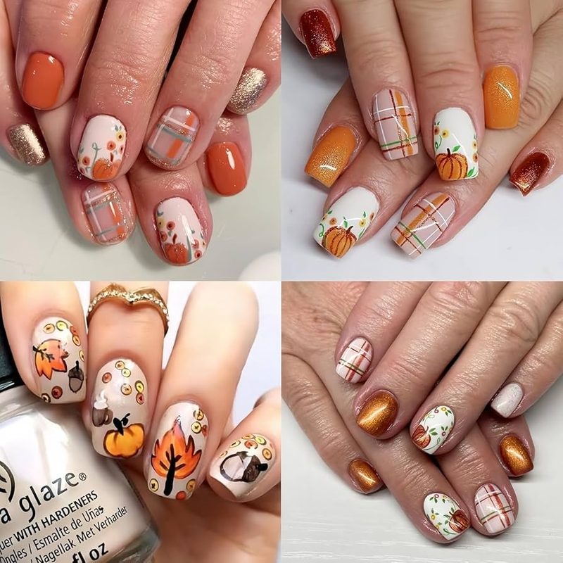 fall-themed nail art featuring pumpkins and warm ink colors