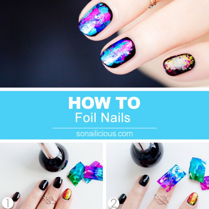 hand applying nail art foil adhesive on fingernails