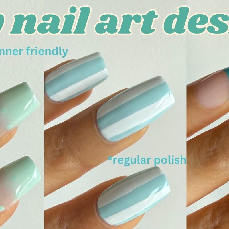 hands applying gel nail art blue polish with precision brushes