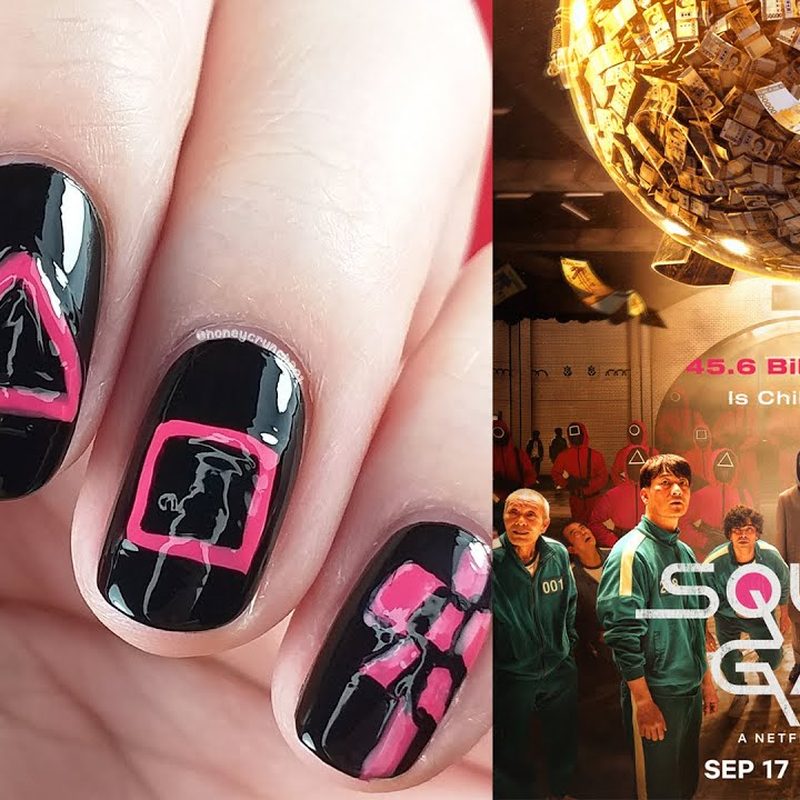 Hands painting squid game nails art using fine nail art brushes