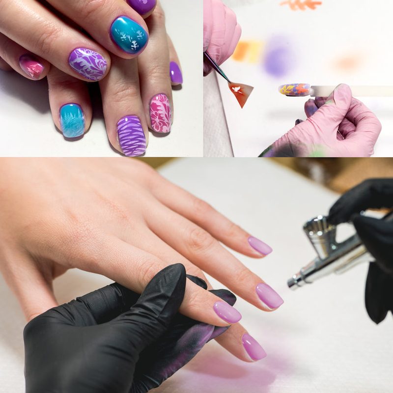 nail salon technician using an airbrush kit for nail art