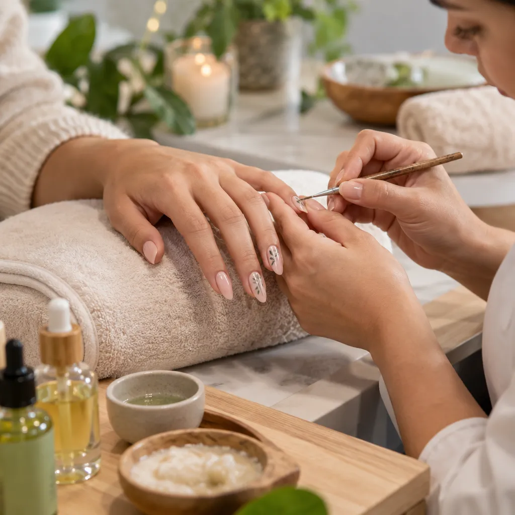 Technician providing an organic manicure service with vibrant nail art in a peaceful salon setting.