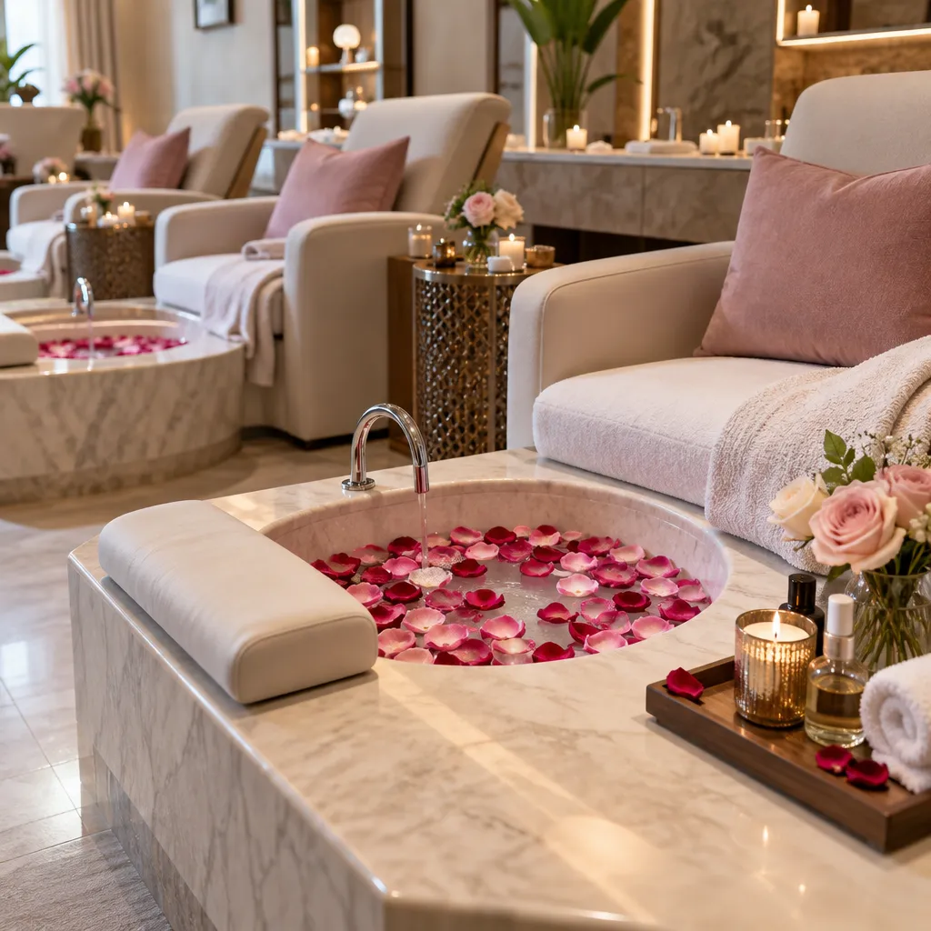Relaxing foot spa area at Nails by Helen, featuring fresh rose petals and a tranquil environment for clients.