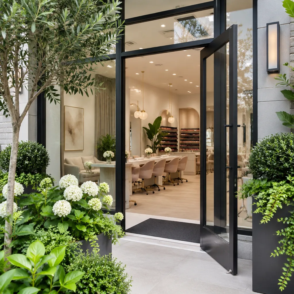 Entrance of Nails by Helen with modern decor and welcoming ambiance, featuring greenery for a fresh look.