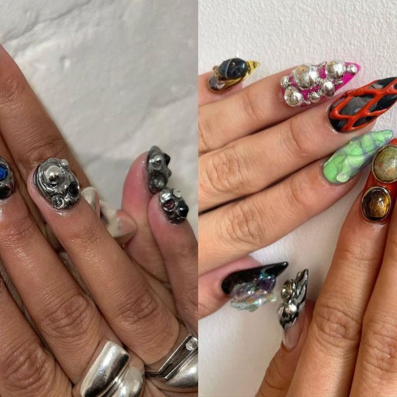 Salon nails featuring 3d nail art brush designs with embellishments