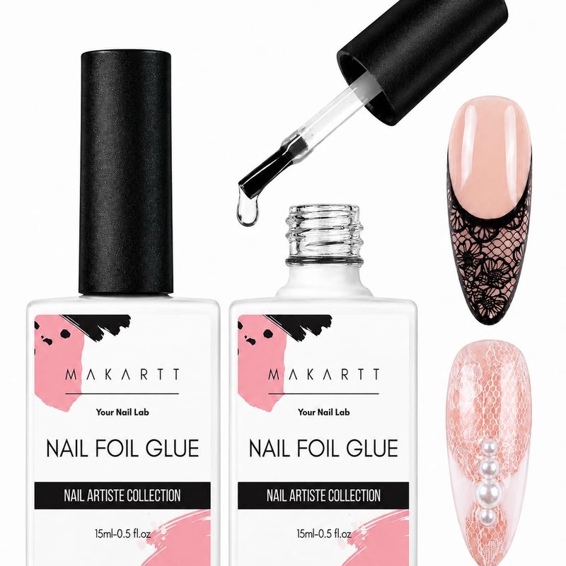 selection of nail foil glue bottles and applicators on display