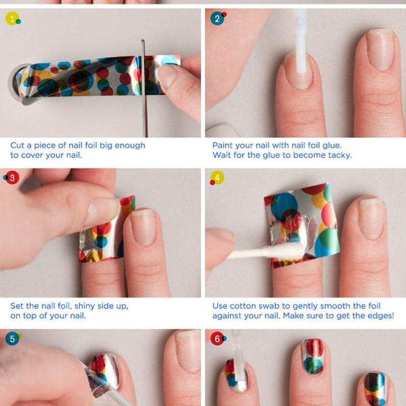 Step-by-step application of nail art foil glue on natural nails