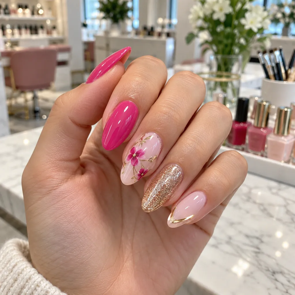 Close-up of a manicured hand showcasing colorful nail art in a stylish nail salon.