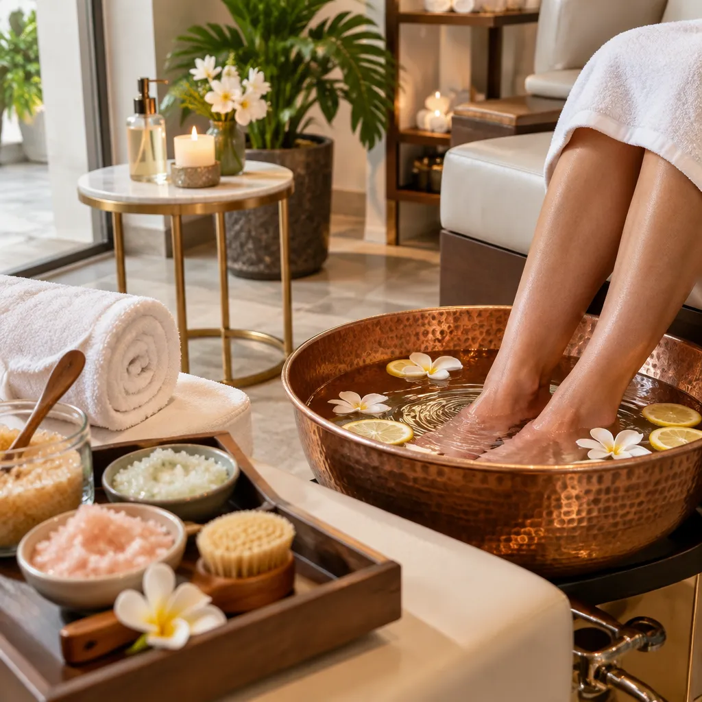 Relaxing pedicure station with warm towels and foot bath in a nail salon.