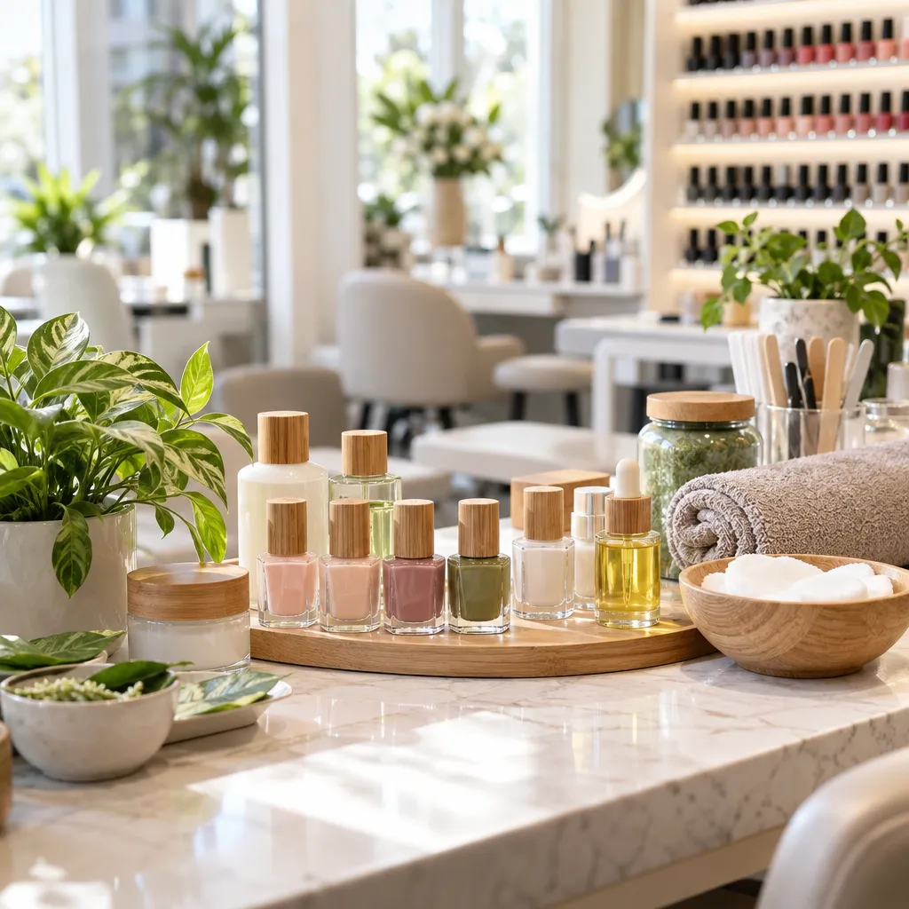 Organic nail products displayed prominently in a clean nail shop setting.