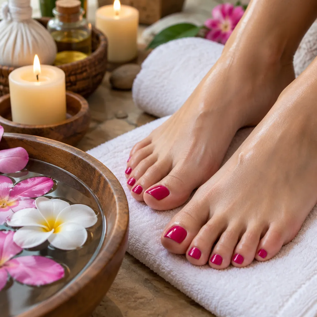 Close-up of manicured feet in a spa setting with floral decorations