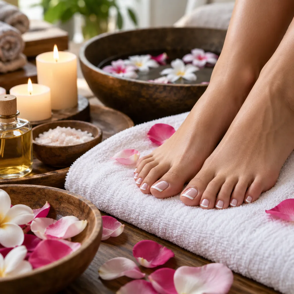 A close-up of a luxurious pedicure setup with flower petals and candles.
