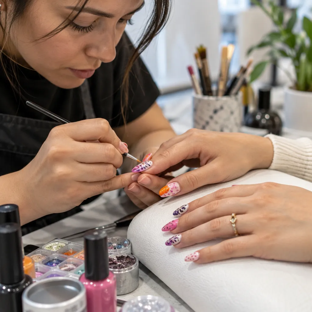 A nail technician creating beautiful nail art on a client's nails.
