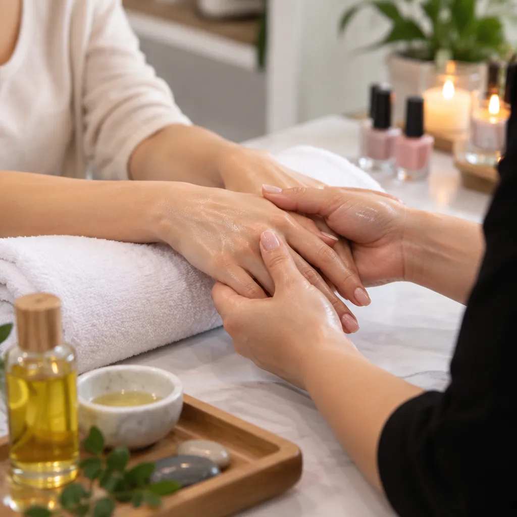 A relaxing hand massage during a nail service with visible oils.