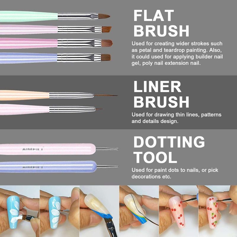 variety of nail brush types displayed on a clean surface
