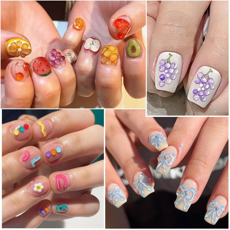 various 3d nail art supplies including acrylic powders and nail art brushes